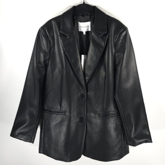 NWT REBECCA MINKOFF BLACK Faux Leather Blazer Jacket 2 Button & Pockets Sz M & L - Picture 3 of 16
